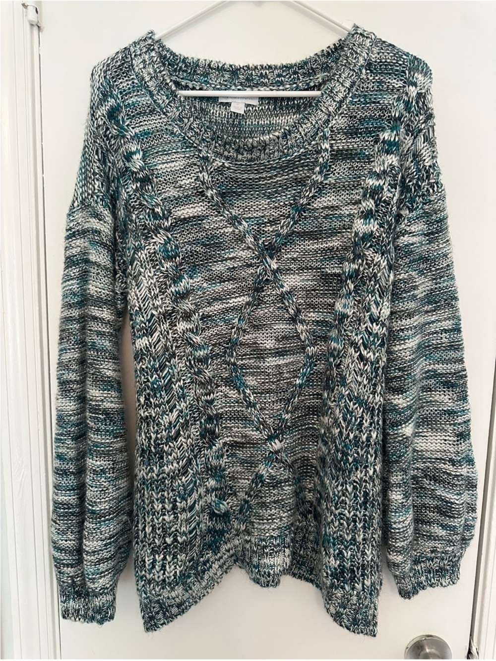 New York & Company Teal and Gray Cable Knit Sweater